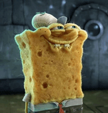 a close up of a spongebob squarepants character with a funny face
