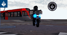 a man riding a motorcycle in front of a train and a logo that says praeparatus esto osi