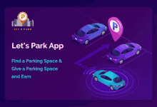 an advertisement for let 's park app shows cars parked in a parking lot