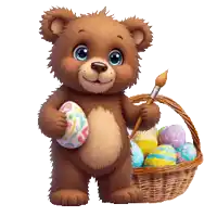 a teddy bear is holding an easter egg and a brush next to a basket of easter eggs