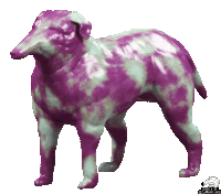 a purple and green statue of a dog standing