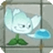 a cartoon ice plant is sitting on a tiled floor next to a soap dish .