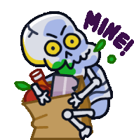 a cartoon of a skeleton holding a bag of food with the word mine above him