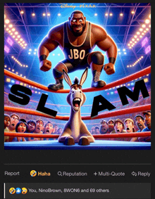 a poster for slam featuring a donkey and a wrestler from disney pixar