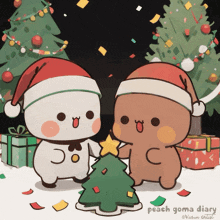 two cartoon characters wearing santa hats are standing next to a christmas tree with the words peach goma diary below them