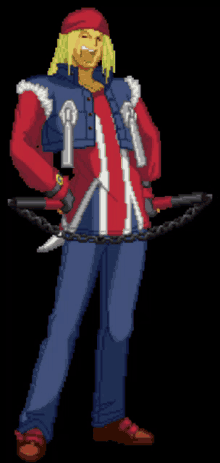 a pixel art drawing of a man in a red white and blue outfit