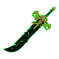 a green and gold sword with a long blade and a gold handle on a white background .