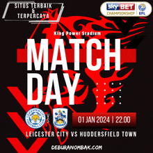 a poster for a match between leicester city and huddersfield town on january 1