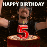 a man is celebrating his 5th birthday with a cake and candle