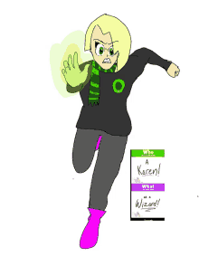 a drawing of a girl with a green scarf and a sign that says who a karen what a wizard