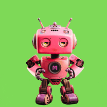 a pink robot with the letter m on it