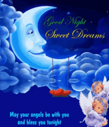 a good night sweet dreams greeting card with angels and a crescent moon