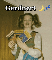 a girl with pigtails is holding a book that says gerdnert