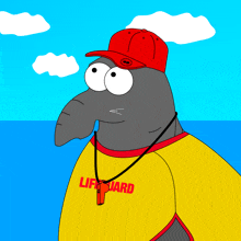 a cartoon character wearing a lifeguard shirt and a red hat