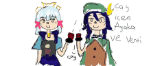 a drawing of a girl holding a cup of tea with ayaka ve venti written next to them