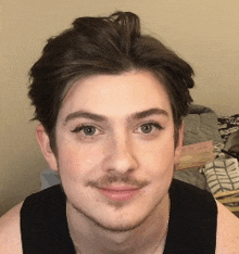 a close up of a man 's face with a beard