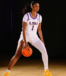 a female basketball player for lsu is dribbling the ball