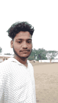 a young man with curly hair and a beard stands in a field