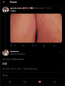 a screenshot of a tweet from spooky nemo shows a picture of his thighs