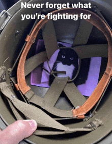 a picture of a cat in a helmet with the words never forget what you 're fighting for