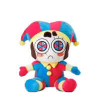 a stuffed clown with a sad look on his face is sitting on a white background