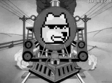 a black and white cartoon of a train with a pixelated face on the front .