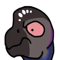a cartoon drawing of a bird with a pink eye and white spots