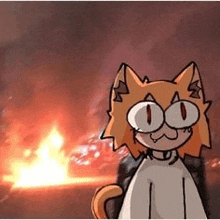 a cartoon cat is standing in front of a burning building .