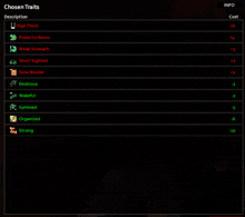 a computer screen shows a list of chosen traits including high thirst and weak stomach