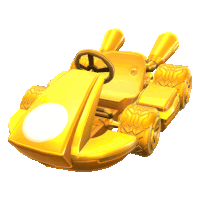 a yellow toy car with a steering wheel on a white surface