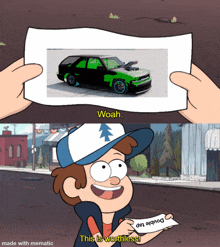 dipper from gravity falls holds a piece of paper with a picture of a car on it