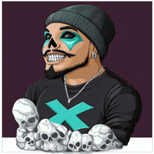 a man wearing a black shirt with an x on it is holding skulls