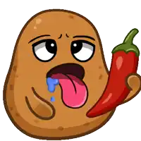 a cartoon potato holding a red pepper with its tongue hanging out