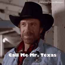a man wearing a cowboy hat and a badge says call me mr. texas