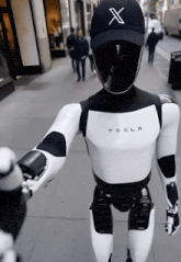 a tesla robot is wearing a black hat