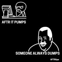 a cartoon of a man sitting at a desk with a computer and the words after it pumps someone always dumps