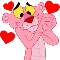 a pink panther is surrounded by red hearts and says j.a.s. g. nogallas