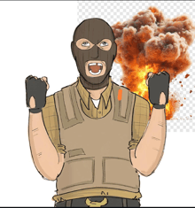 a drawing of a man wearing a mask with a explosion in the background