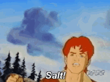 a cartoon character is standing in front of a cloudy sky and says salt .