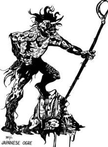 a black and white drawing of a japanese ogre holding a stick