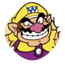 a cartoon of wario wearing a yellow hat and a purple outfit .