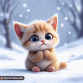 a kitten is sitting in the snow with its paws crossed