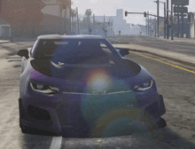 a purple car is driving down a city street