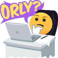 a sticker of a smiley face sitting at a desk with a laptop and the word orly above it