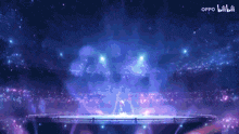 a girl with purple hair and blue wings is dancing in front of a sign that says oppo bilibili
