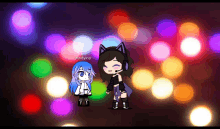 a girl with a cat ear headset stands next to a girl with blue hair