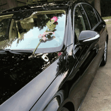 a black car with a pink rose on the hood