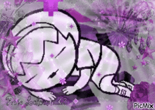 a black and white drawing of a person laying down with purple flowers and stars