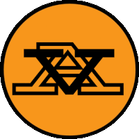 an orange circle with a black triangle and x on it