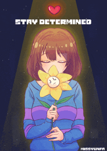 a girl smelling a flower with the words " stay determined " above her